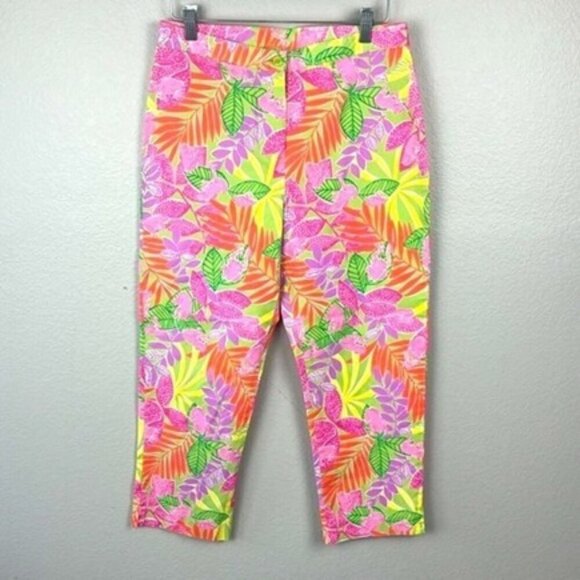 Lilly Pulitzer Pants Bottoms Up Tree Frog Pink Tropical Leaf High-Rise Crop 8 - Picture 1 of 11